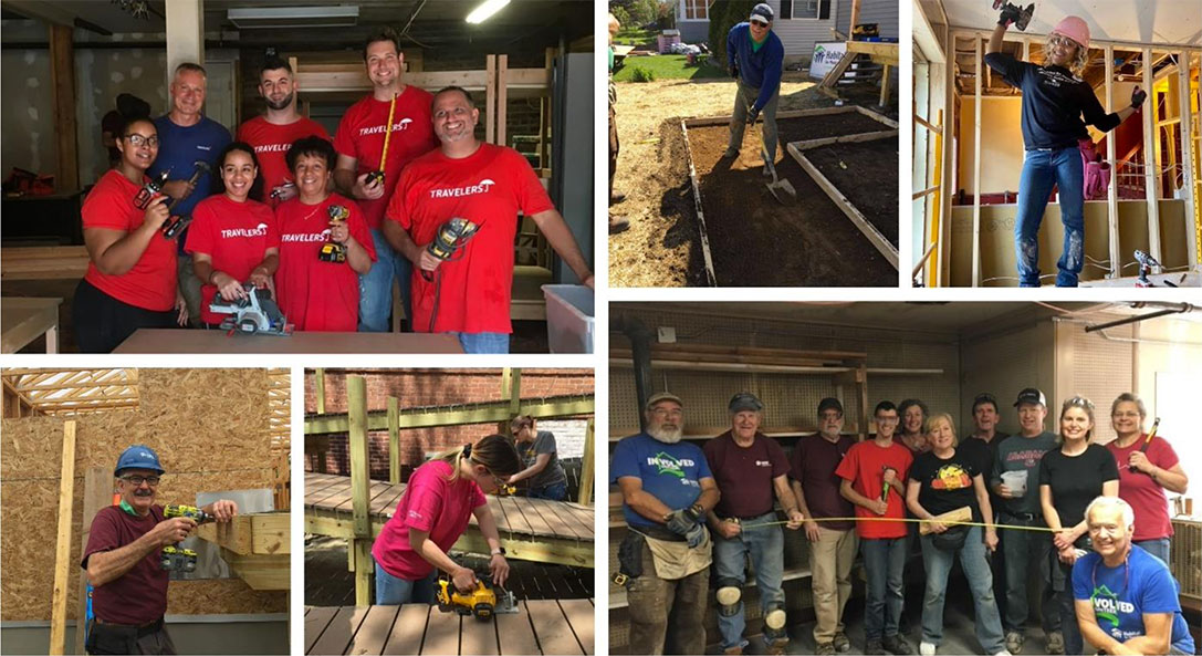 photo collage of people volunteering and working on home construction
